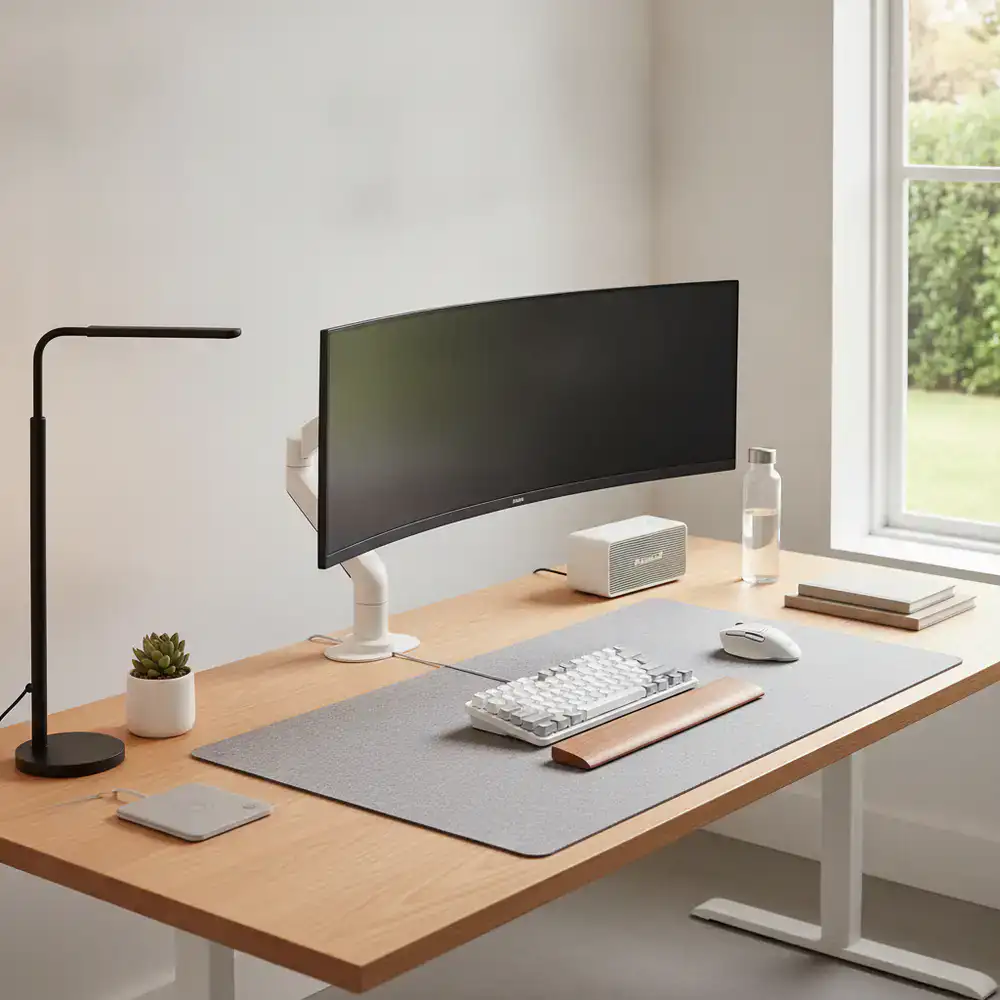 Scrivania ordinata e moderna per home office con accessori ergonomici
