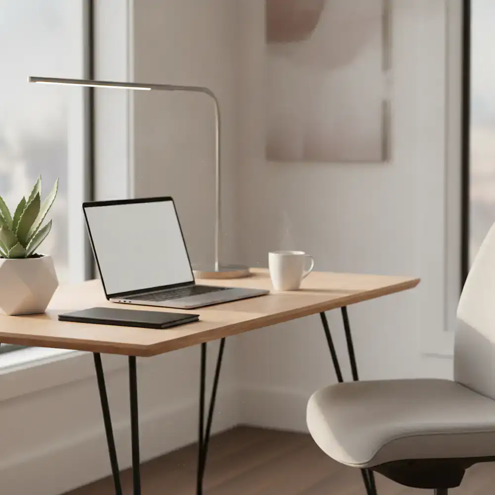 Dettaglio di una scrivania moderna in un home office luminoso